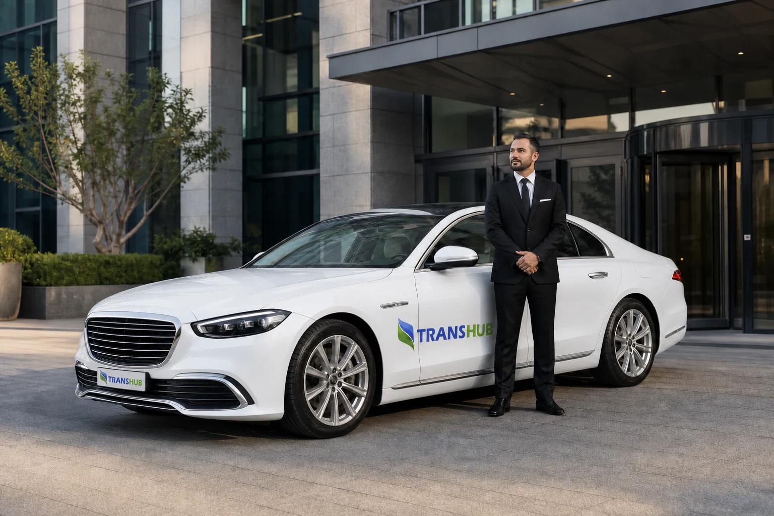 Illustrative white TransHub-branded sedan outside a modern corporate building