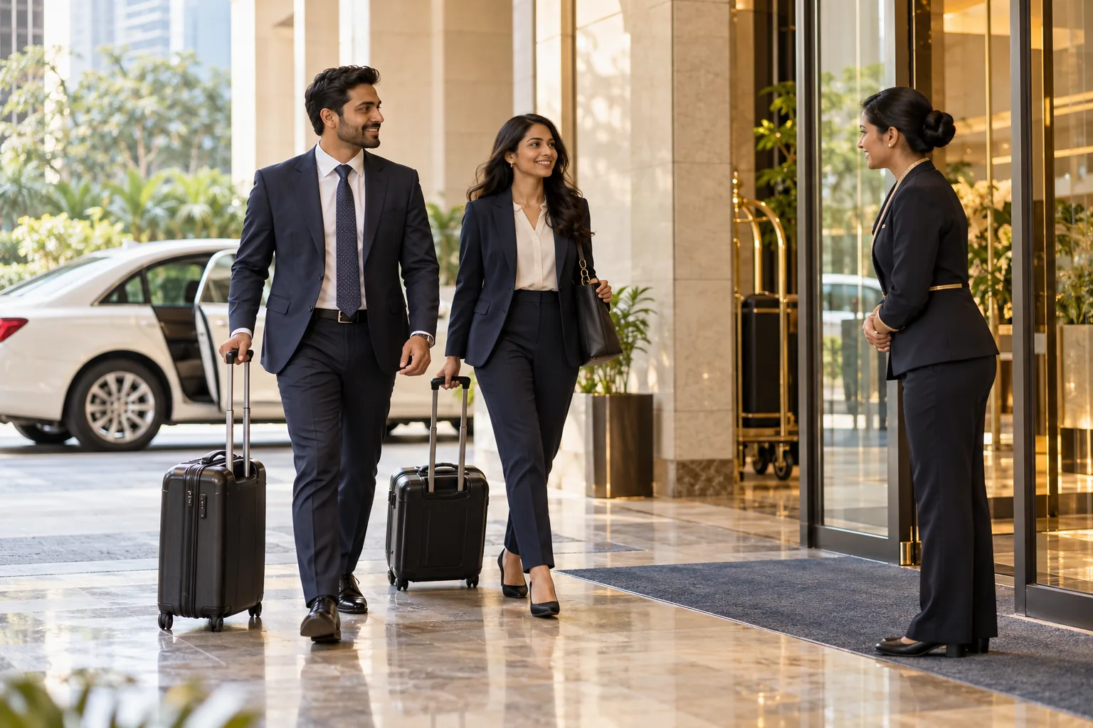 Illustrative business travellers with luggage greeted at a hotel entrance after a vehicle transfer