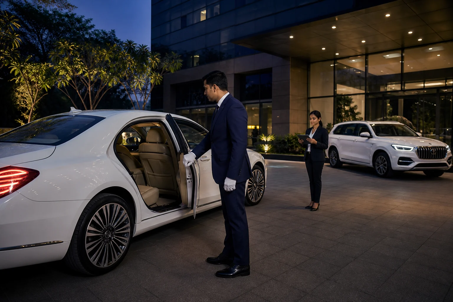 Illustrative chauffeur opening a white sedan for a monthly corporate assignment at dusk